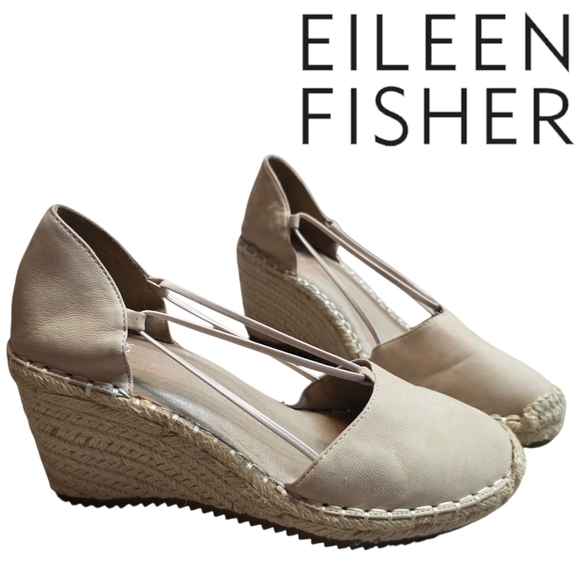Eileen Fisher Cream Yasmin Tumbled Nubuck Espadrille Wedge Heels - Picture 2 of 6